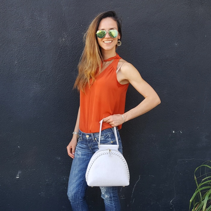Oliver Bilou Vivian Bag, BEBE Ripped Jeans, GUESS Silk Tie Neck Top, Lucky Brand Jewelry, Ray-Ban Reflective Gold Aviators