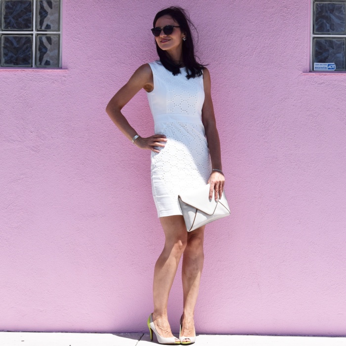 OOTD in Style White Sheath Dress by METISU, Calvin Klein Heels, Banana Republic Envelope Clutch, METISU Grey Sunglasses