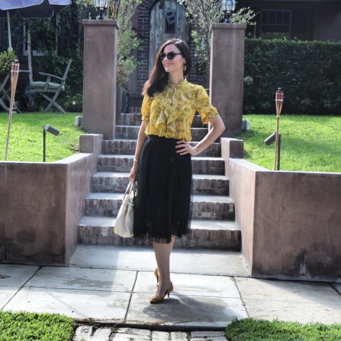 VIP.com Lace Pleated Midi Skirt, Victorian Ruffled Yellow Blouse, Yellow Nine West Pumps, Ralph Lauren Bag, OOTD in Style, Fall Trends 2017