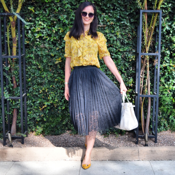 VIP.com Lace Pleated Midi Skirt, Victorian Ruffled Yellow Blouse, Yellow Nine West Pumps, Ralph Lauren Satchel, OOTD in Style, Fall Fashion 2017