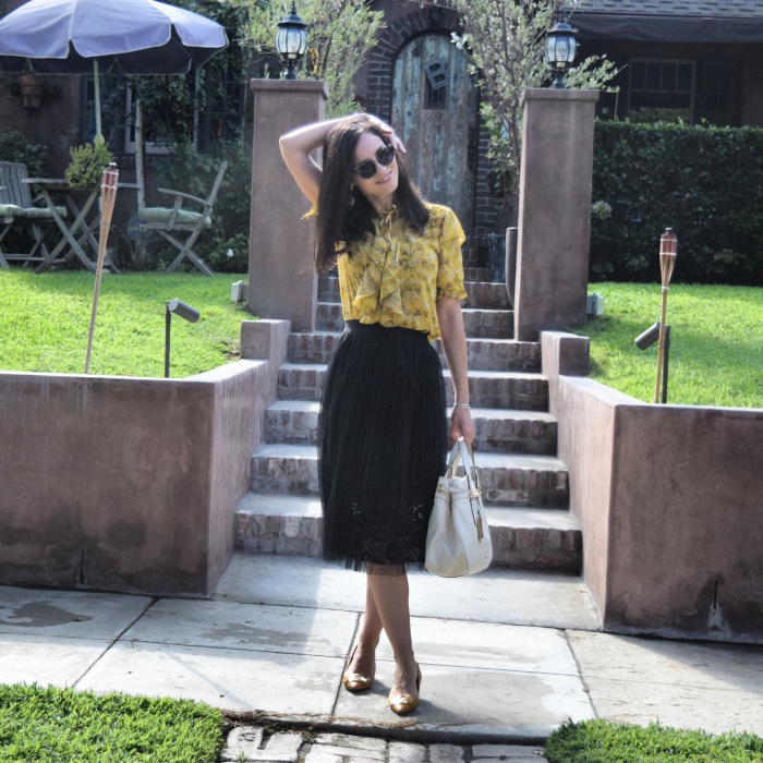 VIP.com Lace Pleated Midi Skirt, Victorian Ruffled Yellow Blouse, Yellow Nine West Pumps, Ralph Lauren Satchel, OOTD in Style, FashionTrends 2017