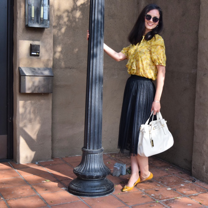 VIP.com Lace Pleated Skirt, VIP.com Victorian Ruffled Yellow Blouse, Yellow Nine West Pumps, Ralph Lauren Satchel, OOTD in Style, Fall Trends 2017