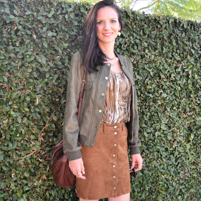 Shein Suede Bomber Jacket, Lucky Brand Sueded Skirt, Lucky Brand Ruffle Top