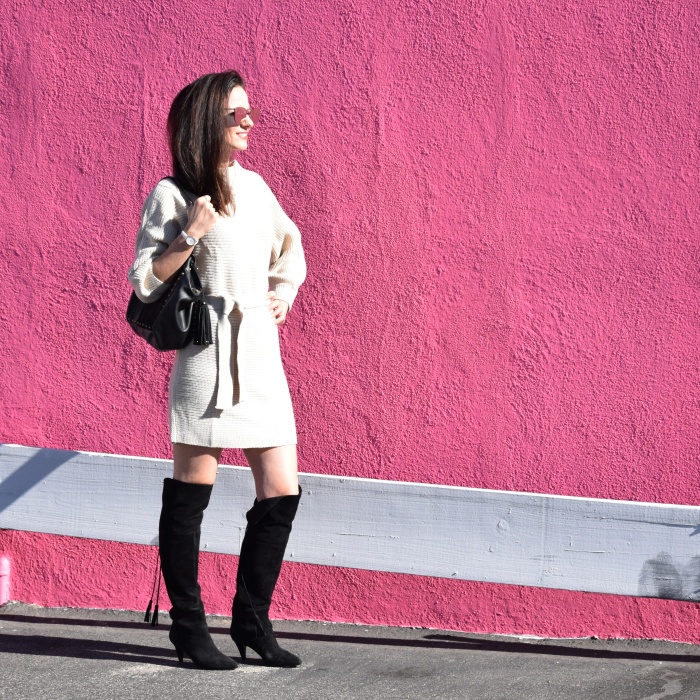 ROMWE Batwing Sleeve Self Tie Knit Dress, Over The Knee Nine West boots Lucky Brand Bag, Mirrored Sunglasses (1)