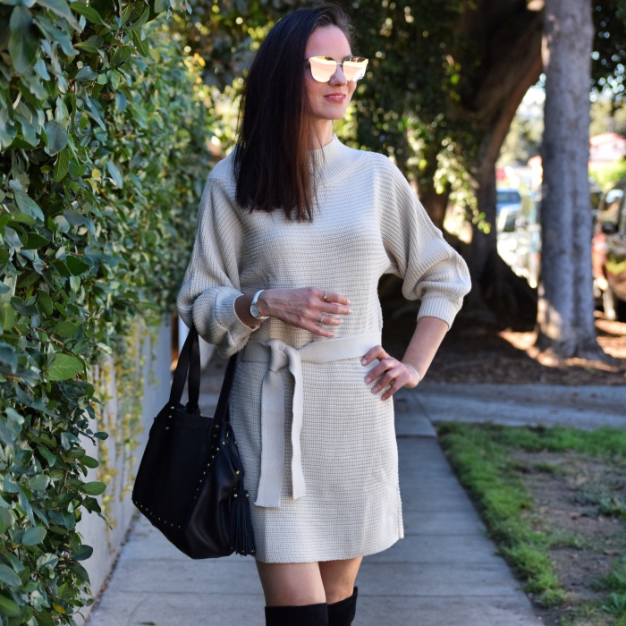 ROMWE Batwing Sleeve Self Tie Knit Dress, Over The Knee Nine West boots Lucky Brand Bag, Mirrored Sunglasses (3)