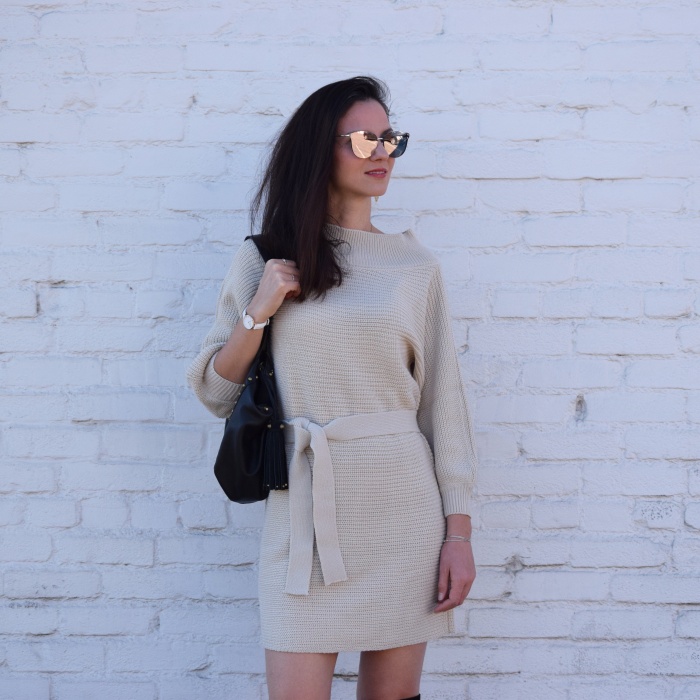 ROMWE Batwing Sleeve Self Tie Knit Dress, Over The Knee Nine West boots Lucky Brand Bag, Mirrored Sunglasses (6)
