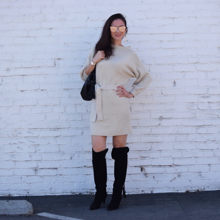 ROMWE Batwing Sleeve Self Tie Knit Dress, Over The Knee Nine West boots Lucky Brand Bag, Mirrored Sunglasses (7)