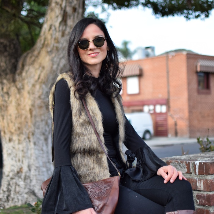 ROMWE Faux Fur Vest, J-Brand Skinny Jeans, Lucky Brand Leather Bag, Winter Style, Holidays 2017, Trends, 70's Fashion
