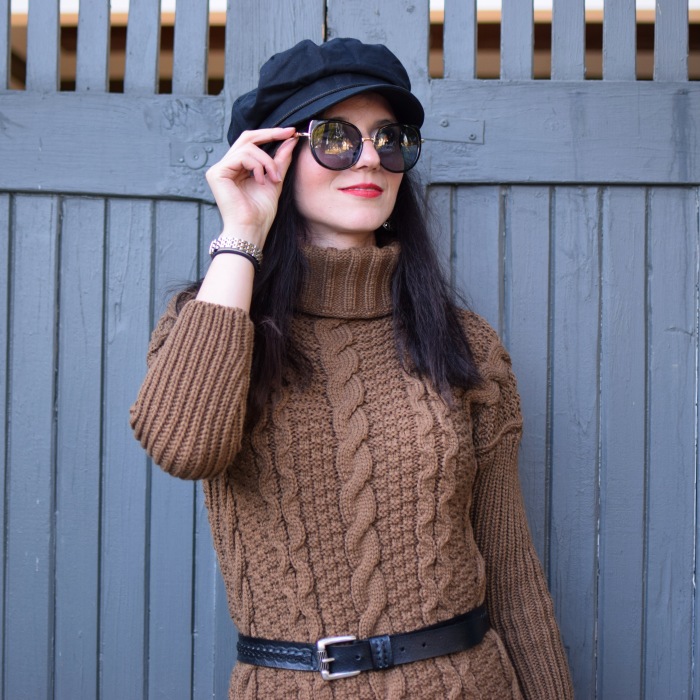 ROMWE Cable-knit Turtleneck Sweater Dress, Baker Boy Hat, Lucky brand Bag, Winter Fashion 2018