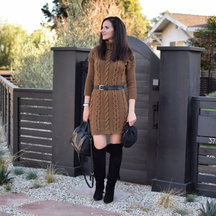 ROMWE Cable-knit Turtleneck Sweater Dress, Over-the-knee boots, Baker Boy Hat, Lucky brand Bag, Winter Fashion (11)