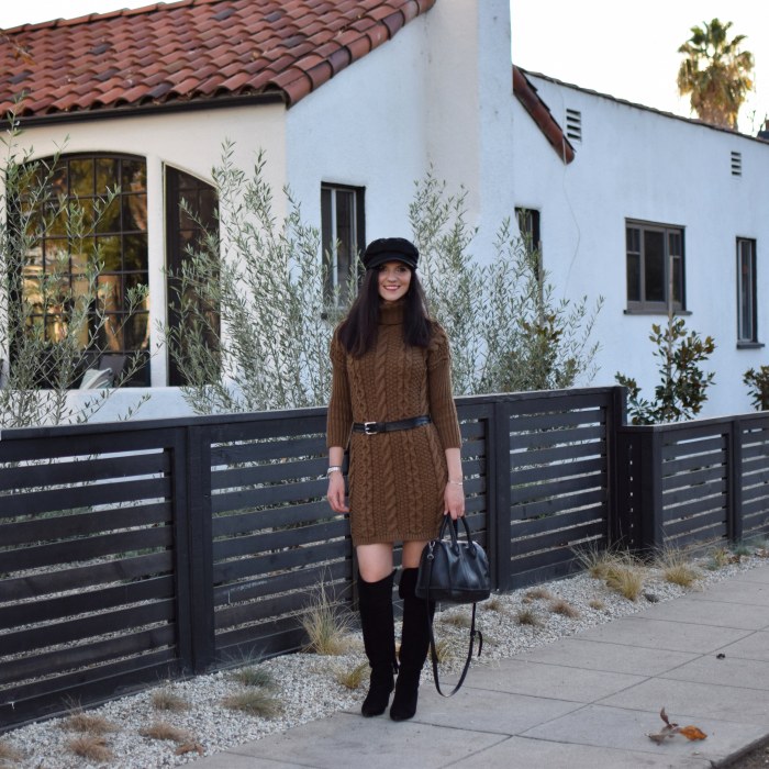 ROMWE Cable-knit Turtleneck Sweater Dress, Over-the-knee boots, Baker Boy Hat, Lucky brand Bag, Winter Fashion (2)