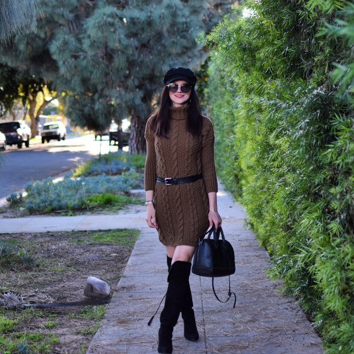 ROMWE Cable-knit Turtleneck Sweater Dress, Over-the-knee boots, Baker Boy Hat, Lucky brand Bag, Winter Trends