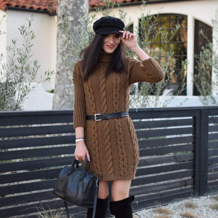 ROMWE Cable-knit Turtleneck Sweater Dress, Over-the-knee boots, Baker Boy Hat, Lucky brand Bag, Winter