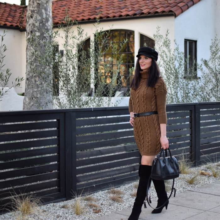 ROMWE Cable-knit Turtleneck Sweater Dress, Over-the-knee boots, Baker Boy Hat, Lucky Brand Bag