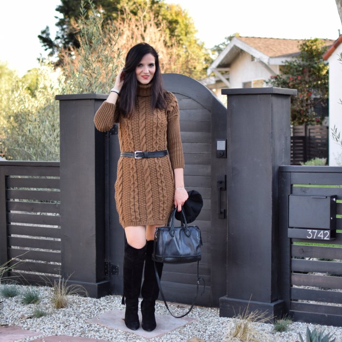 ROMWE Cable-knit Turtleneck Sweater Dress, Over-the-knee boots,Guess Belt, Lucky brand Bag, Winter Fashion