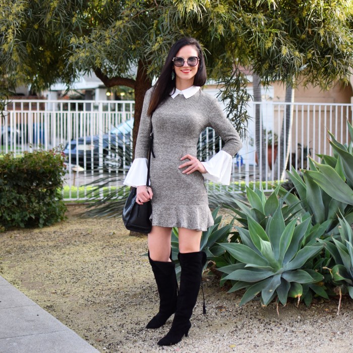 SHEIN Contrast Collar And Ruffle Cuff Tweed Dress, Over The Knee Boots, Lucky Brand Bag, Spring Trends